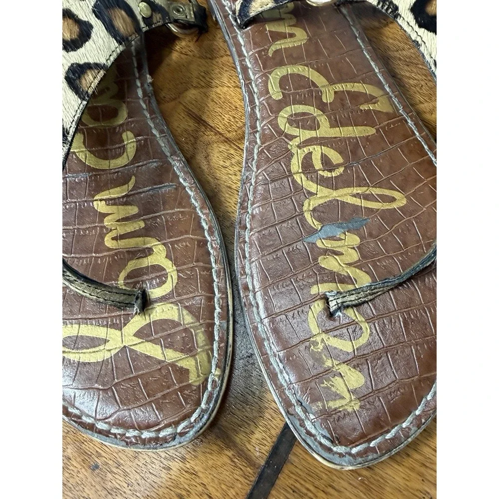 Sam Edelman Women's 10 Gigi Tan Leopard Calf Hair Thong Sandals Gold Accents